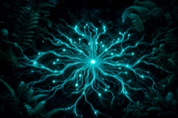 Autonomous ingestion — glowing mycelial roots spreading through a dark forest